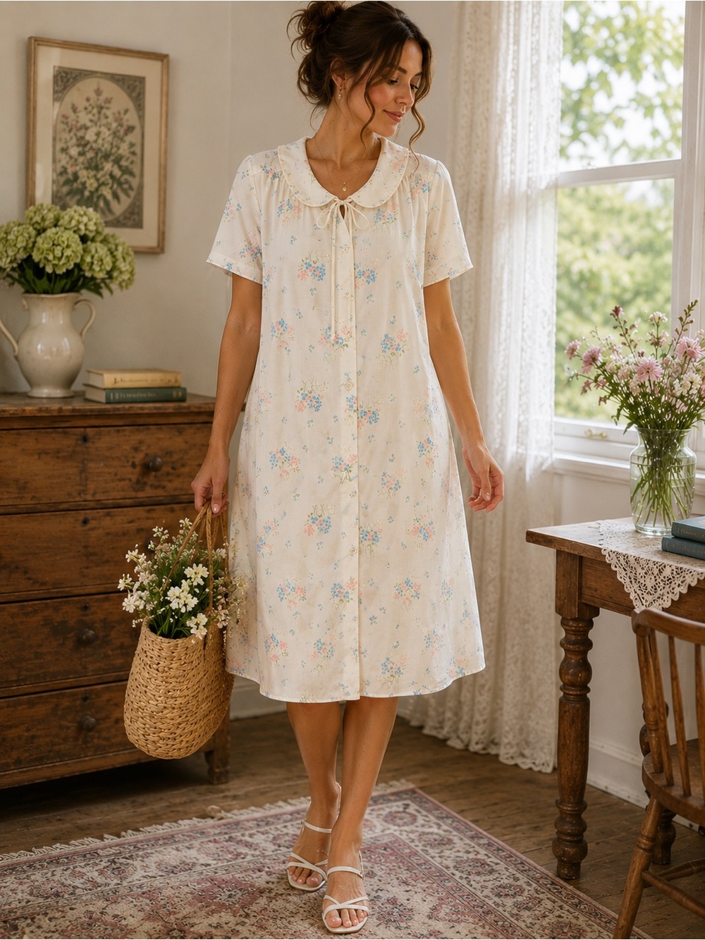 Vintage Cottagecore Floral House Dress | Peter Pan Collar | Button Front